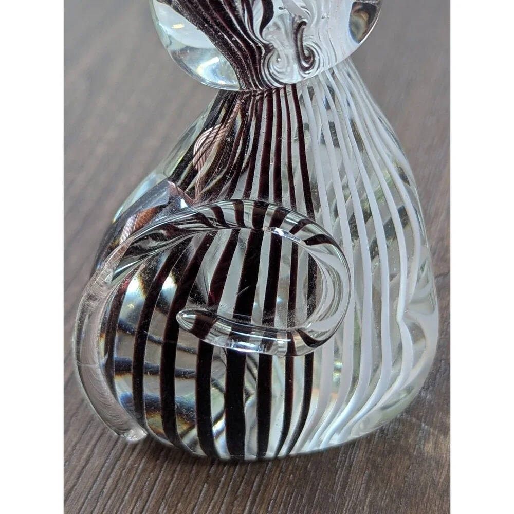 Murano Style Art Glass Paperweight Cat Figurine Black White Strip 4.5